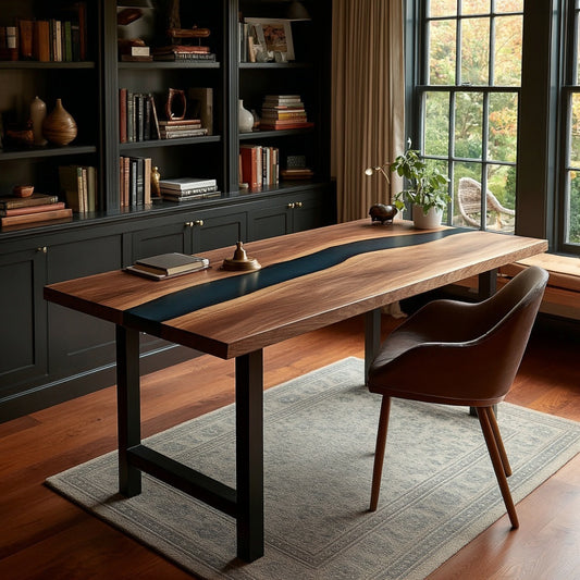 Wooden epoxy desk with a chair in a room with bookshelves and large windows.