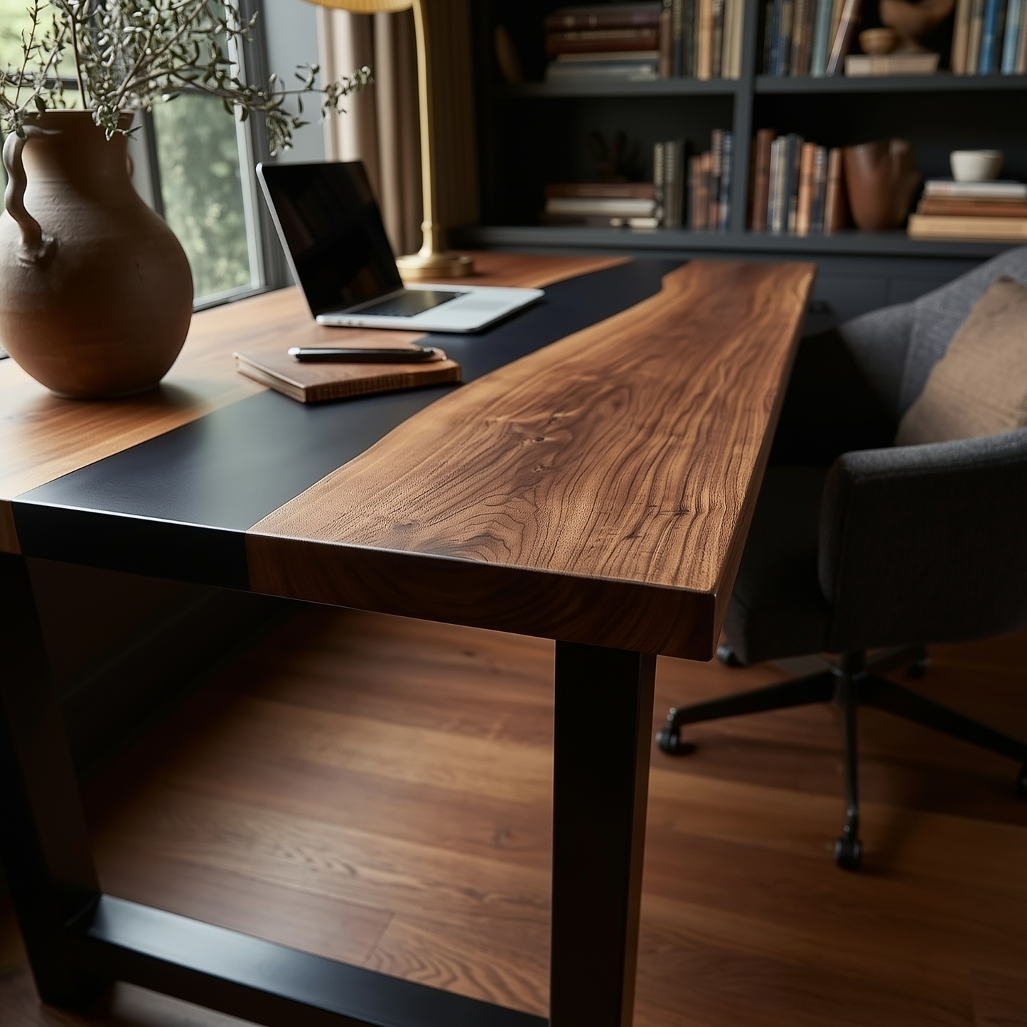 Close up view of the end of a wooden desk with a river of epoxy in the middle