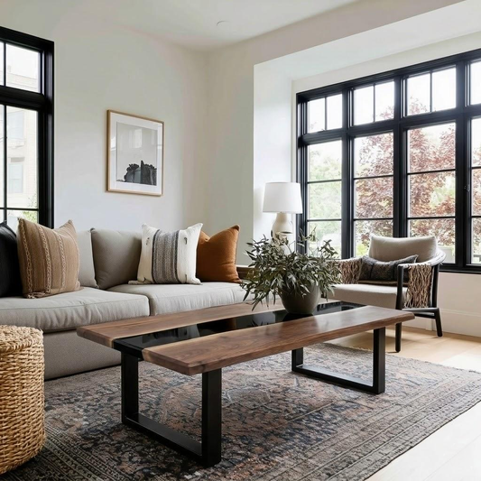 Modern living room with a sofa, coffee table, and decorative elements.