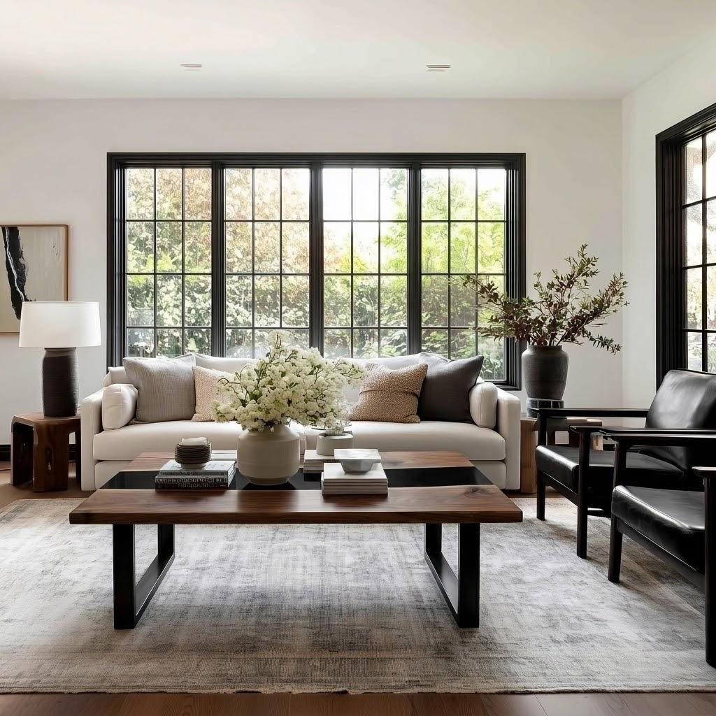 Modern living room with a sofa, coffee table, and decorative elements.