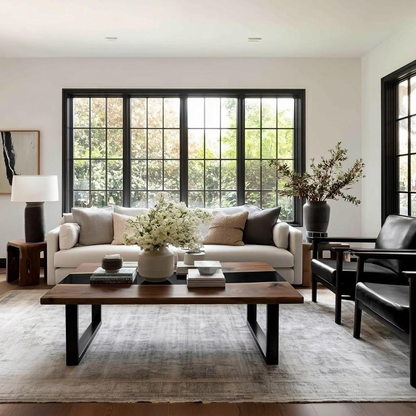 Modern living room with a sofa, coffee table, and decorative elements.