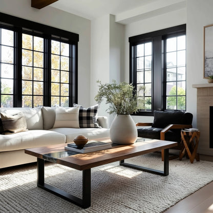 Modern living room with a white sofa, wooden coffee table, and large windows.