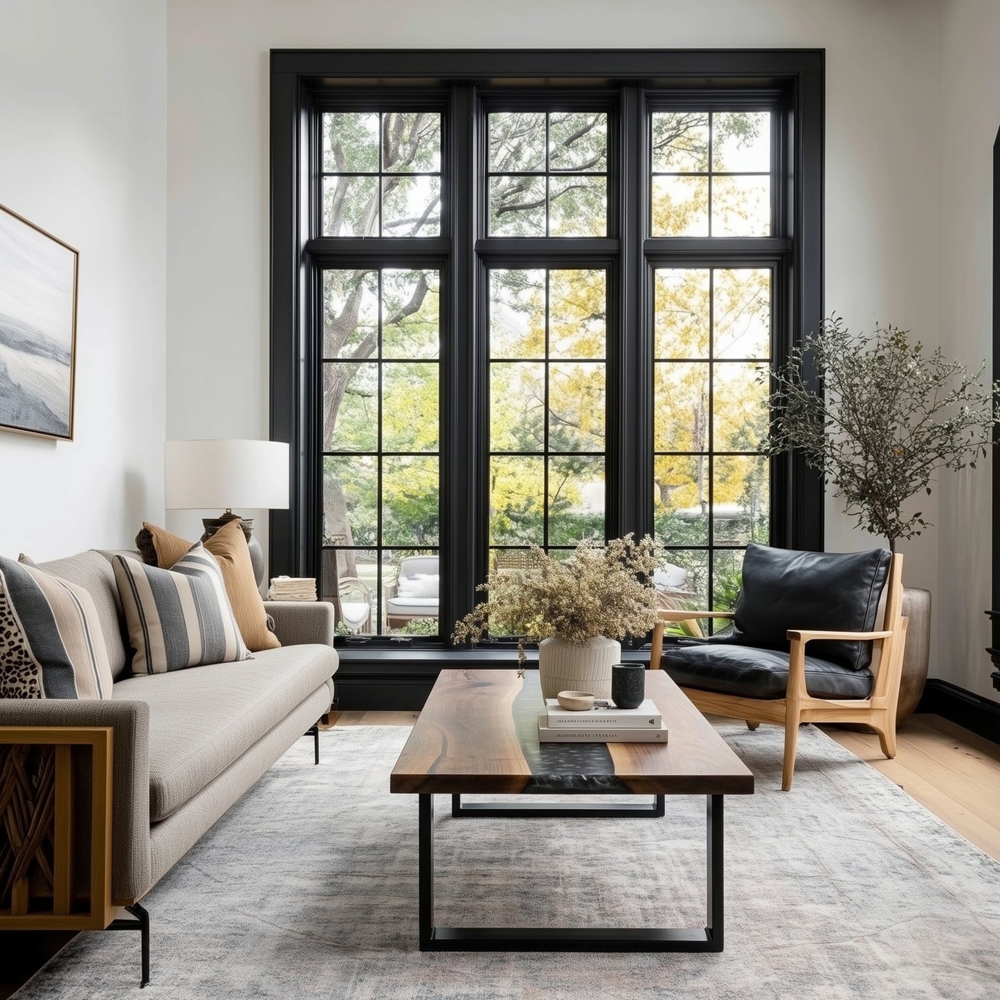 Modern living room with large windows, gray sofa, wooden coffee table, and armchair.