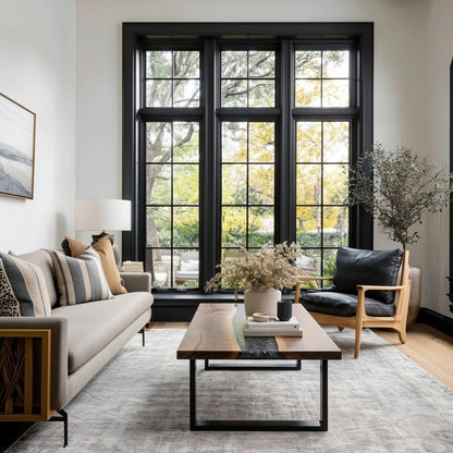 Modern living room with large windows, gray sofa, wooden coffee table, and armchair.