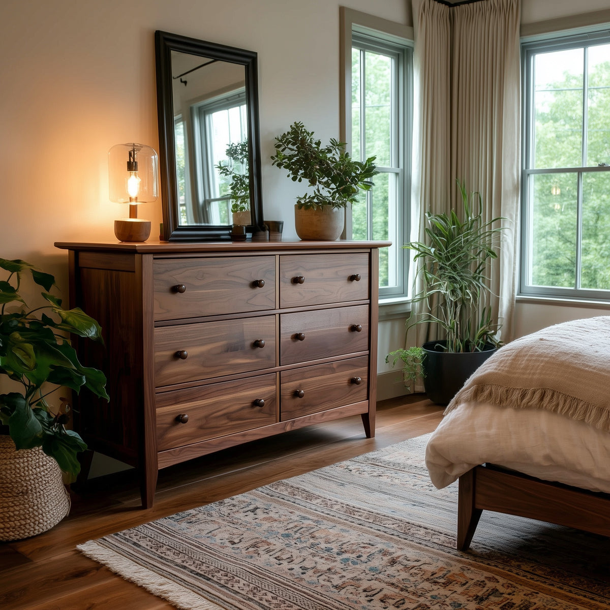 Walnut Fairmont dresser in a bedroom with plants and a mirror