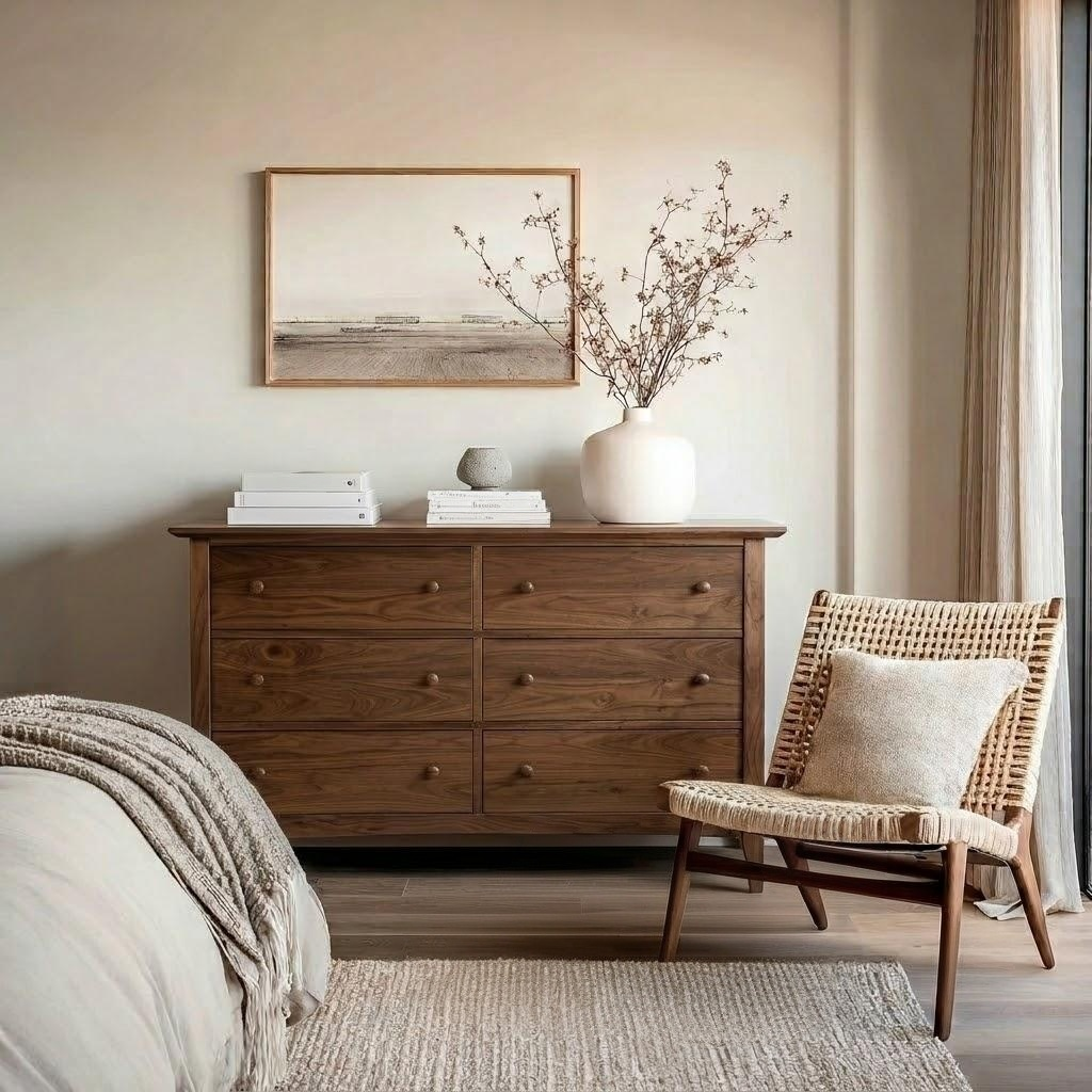 A warm-toned bedroom scene featuring a dark wood dresser with a white vase of dried branches, a framed landscape print, books, and a woven accent chair with a neutral pillow.