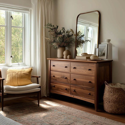 Wooden dresser with mirror in a room with a window, chair, and decorative items.