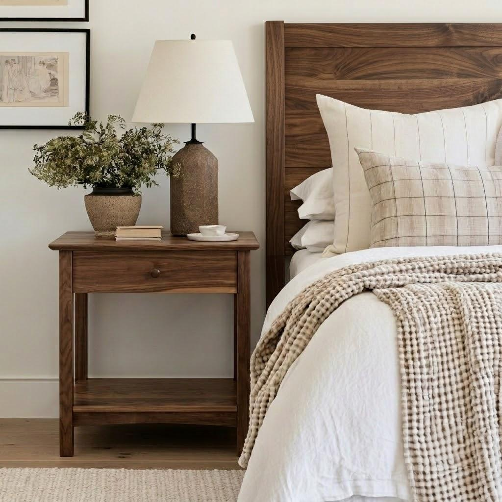 A rustic dark wood nightstand in a styled bedroom setting, featuring a single drawer, open lower shelf, and a small table lamp with a white shade and textured brown base next to a bed with white linens and a beige plaid throw blanket.