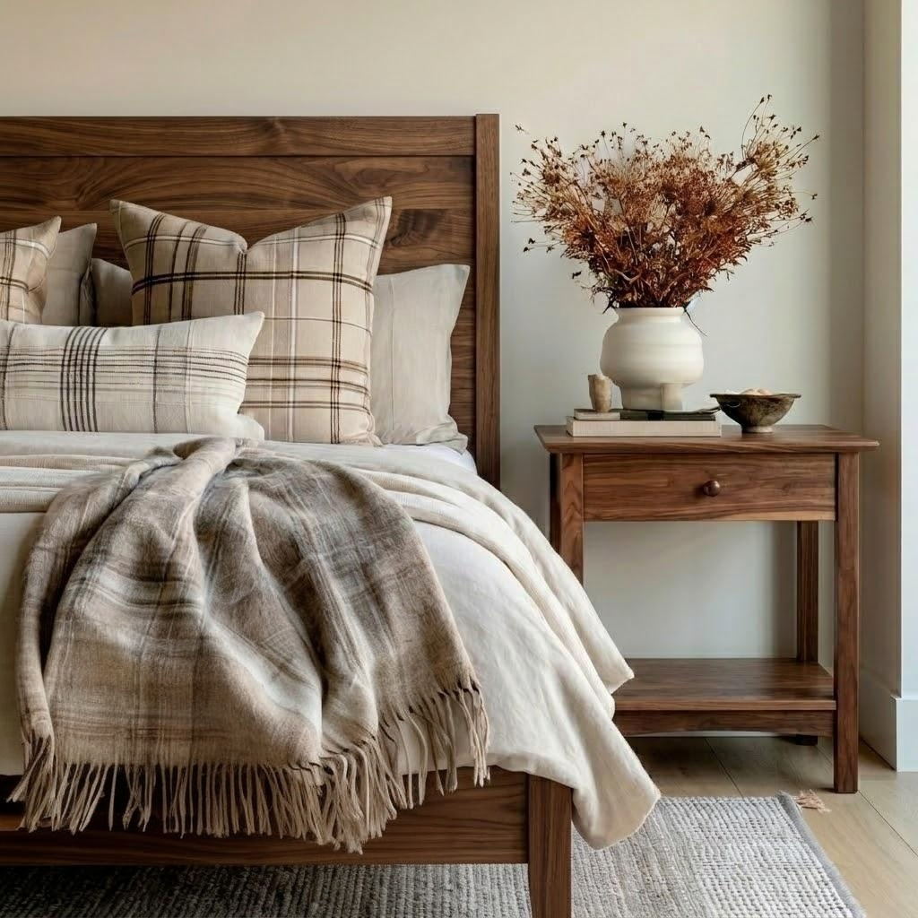 A cozy bedroom scene with a wooden bed frame, beige and brown plaid pillows, a fringed throw blanket, a matching wooden nightstand, and a white vase holding dried flowers against a light neutral wall.