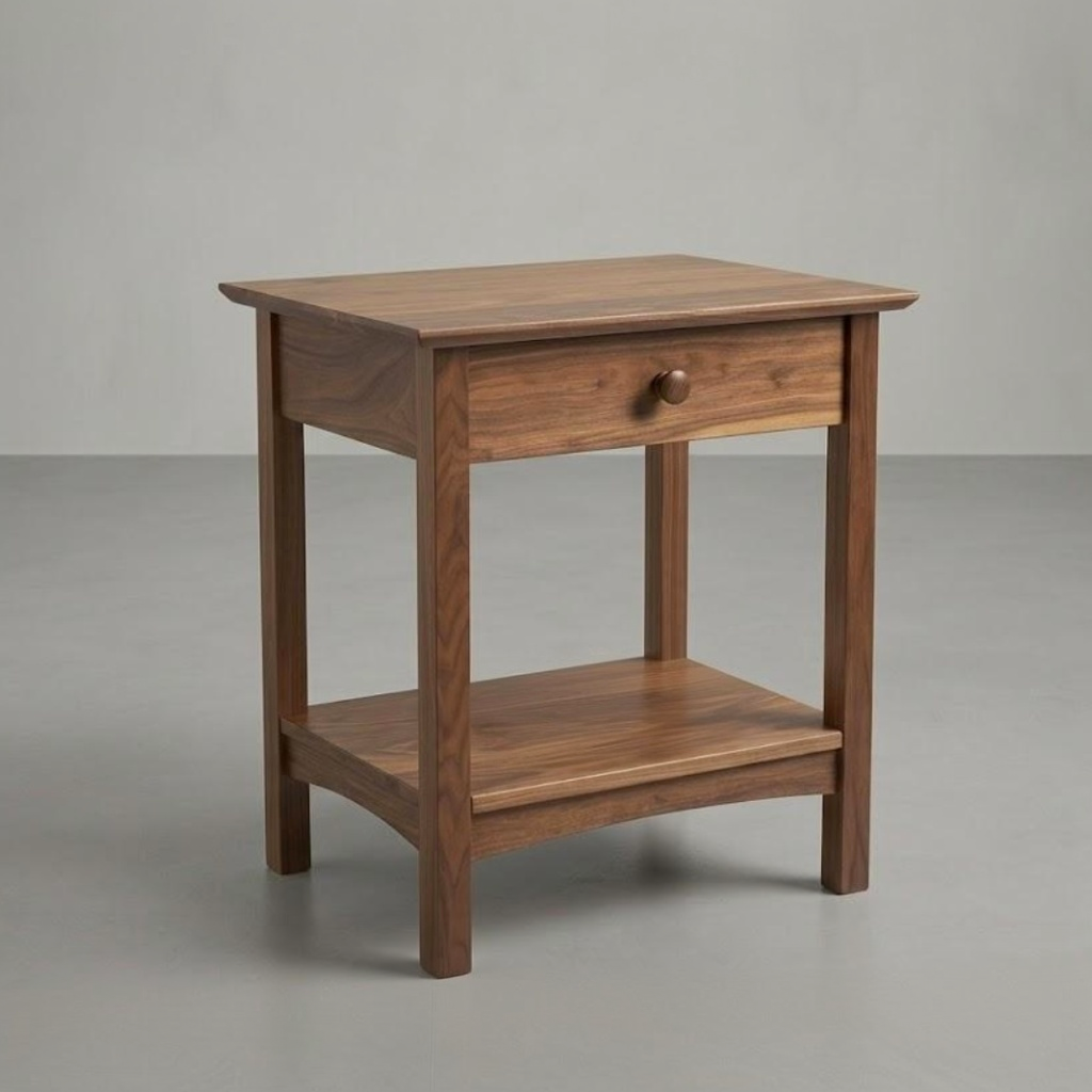 A wooden two-drawer nightstand with a single drawer and open lower shelf, shown on a neutral gray studio background.