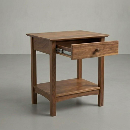A wooden nightstand with a medium brown finish, featuring one open drawer with a metal pull handle and a lower shelf, set against a neutral gray background.