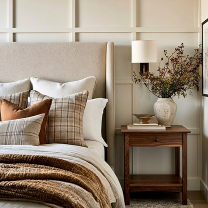 A styled bedroom scene featuring a bed with beige and brown plaid pillows, a textured brown throw blanket, a matching upholstered headboard, and a dark wood nightstand with a lamp and vase of dried branches against a cream paneled wall.