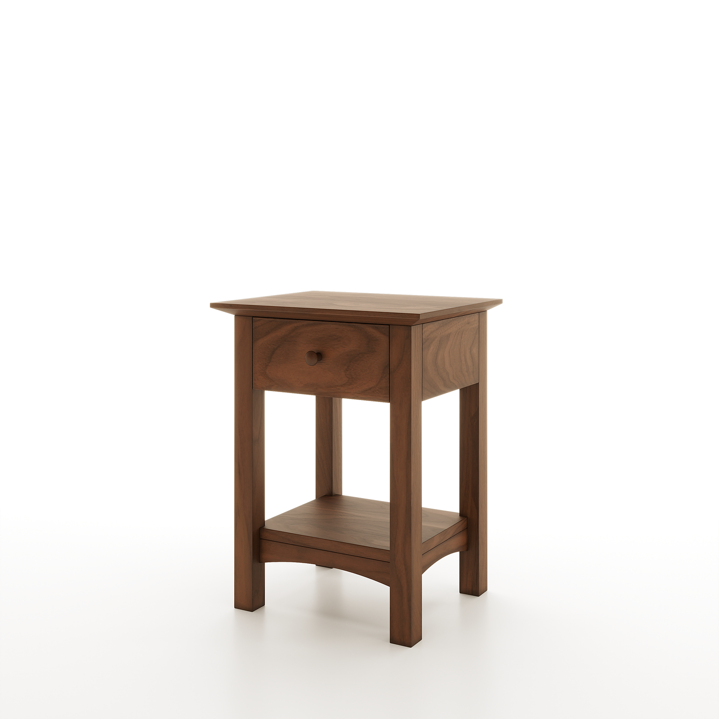 A shaker nightstand made of walnut featuring one drawer and one lower shelf on a white background