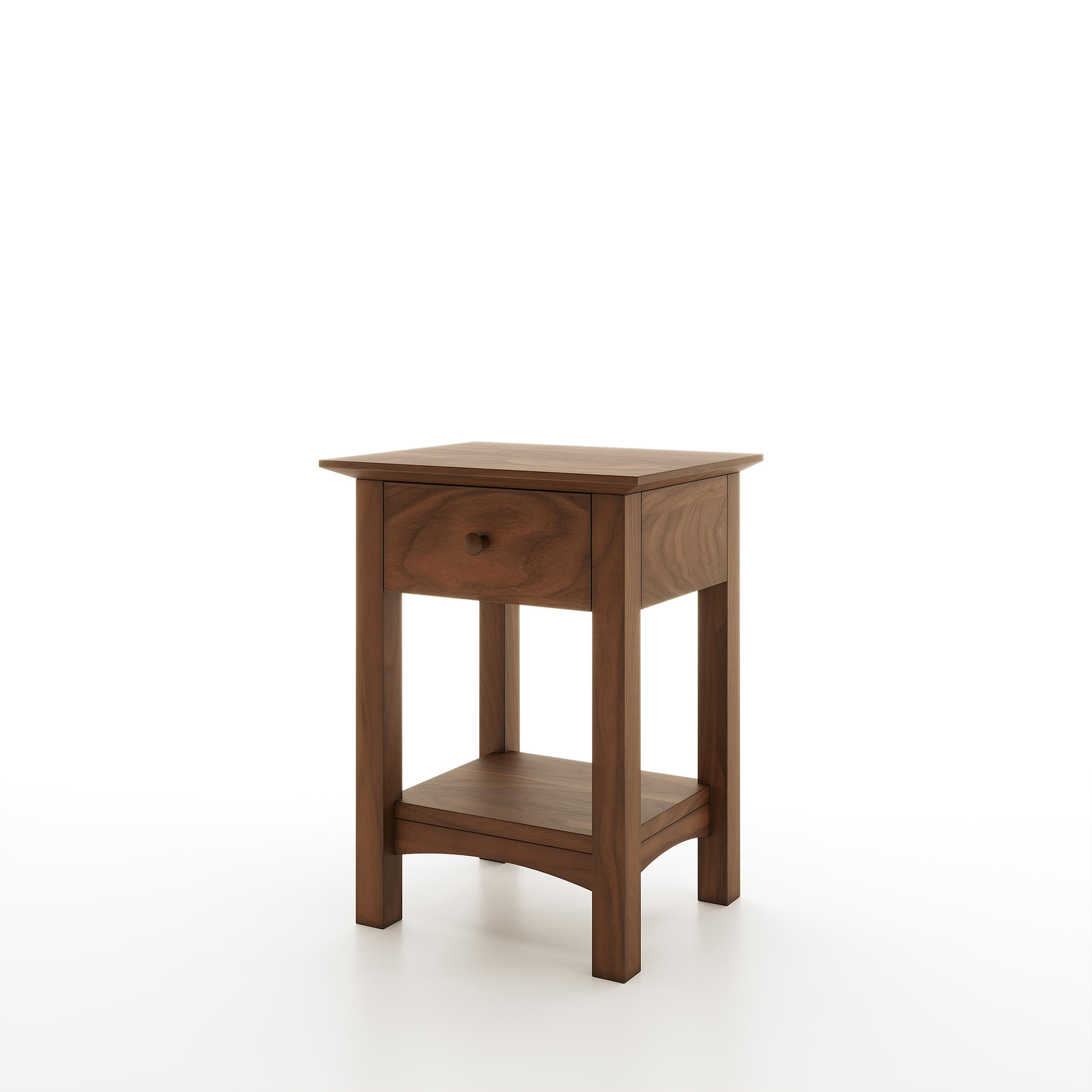 A shaker nightstand made of walnut featuring one drawer and one lower shelf on a white background