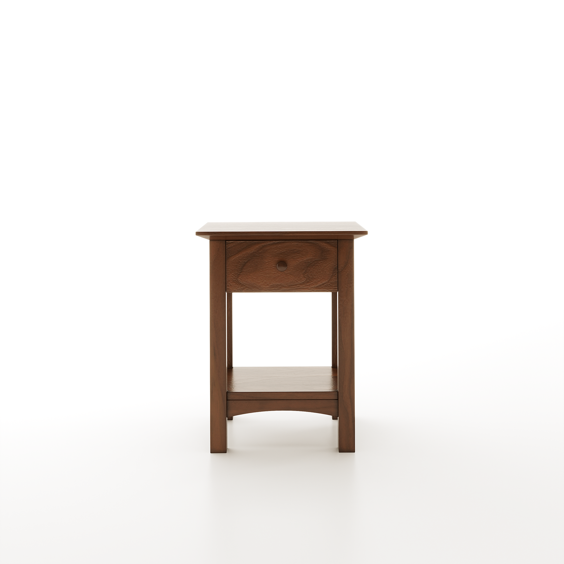 A shaker nightstand made of walnut featuring one drawer and one lower shelf on a white background