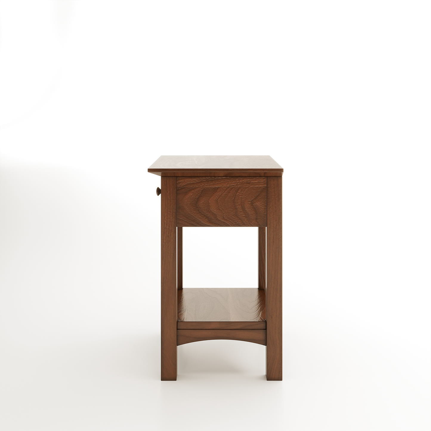 A shaker nightstand made of walnut featuring one drawer and one lower shelf on a white background