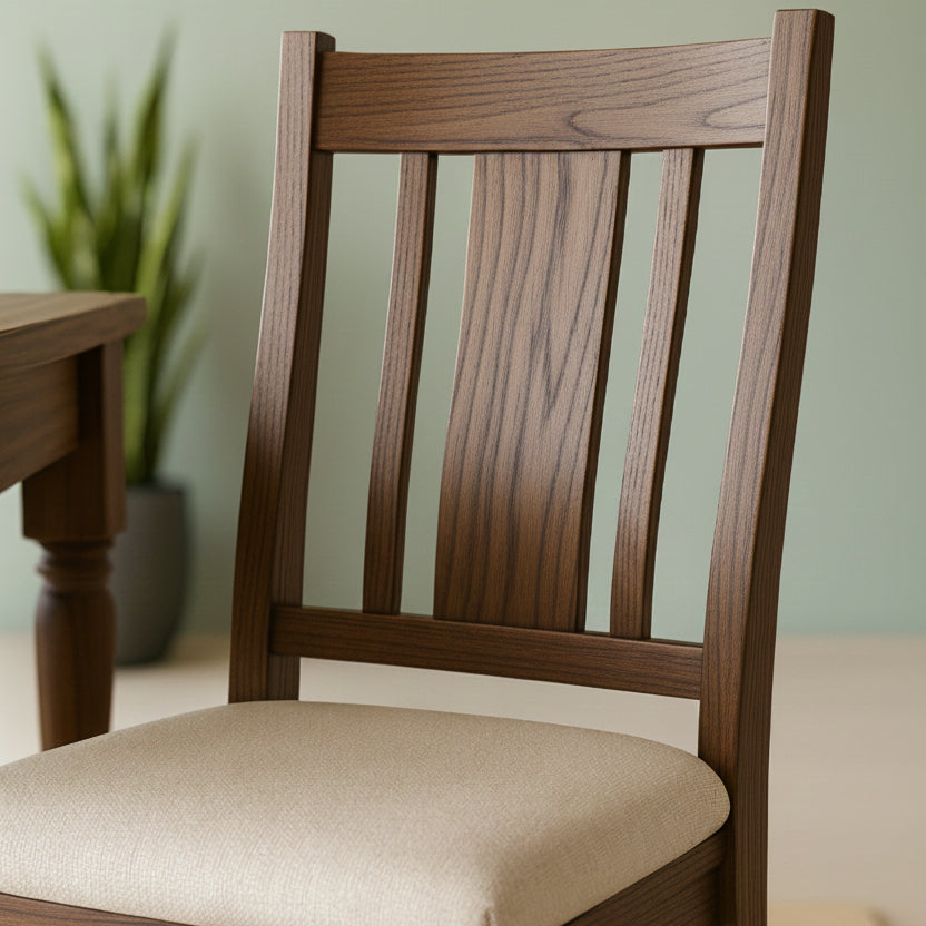 Walnut wood Finley chair with a beige cushion on a neutral background next to the end of a dining table