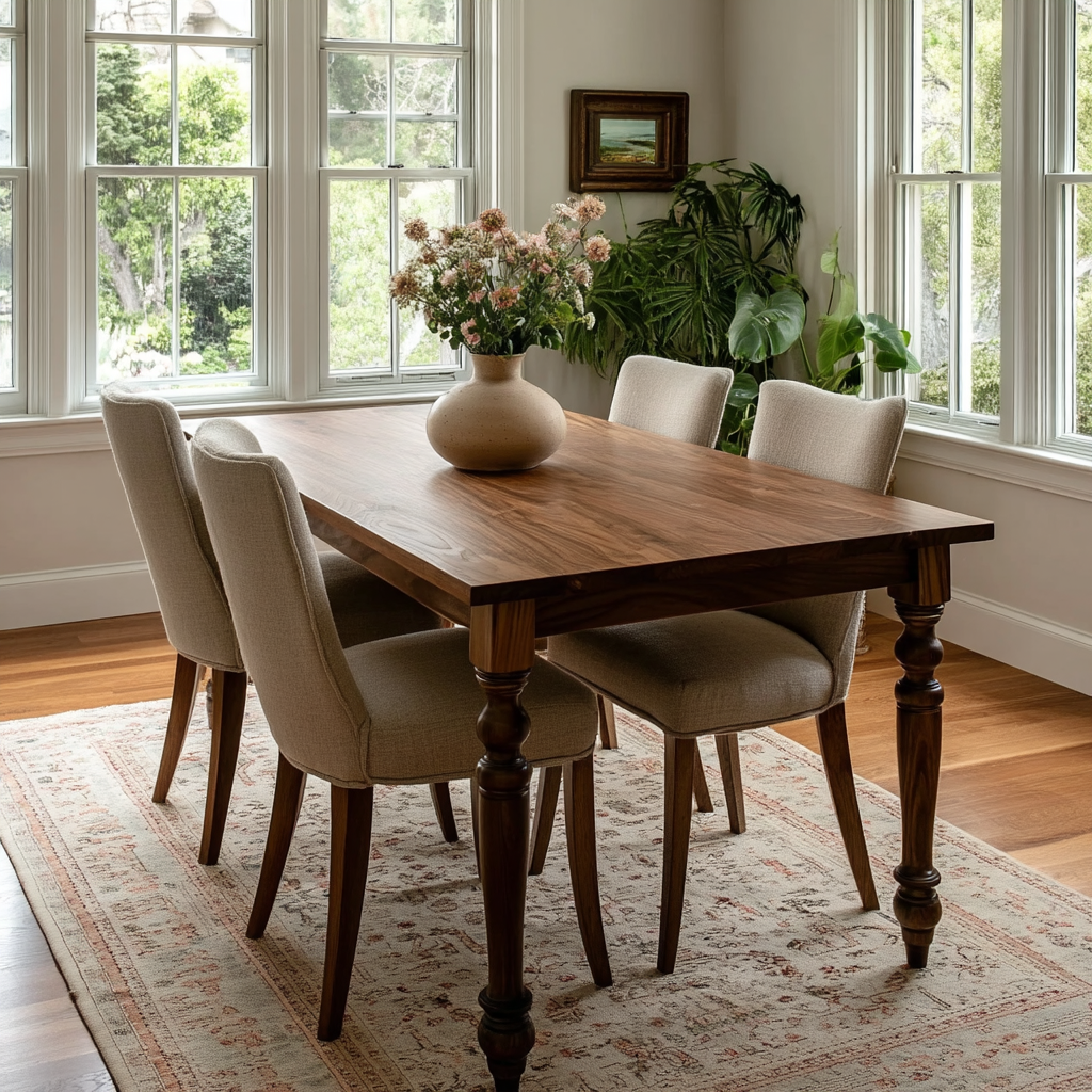 Dining room with wooden table and chairs near large windows.