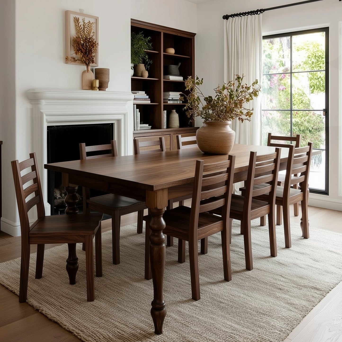 Dining room with wooden table and chairs, fireplace, and large window.