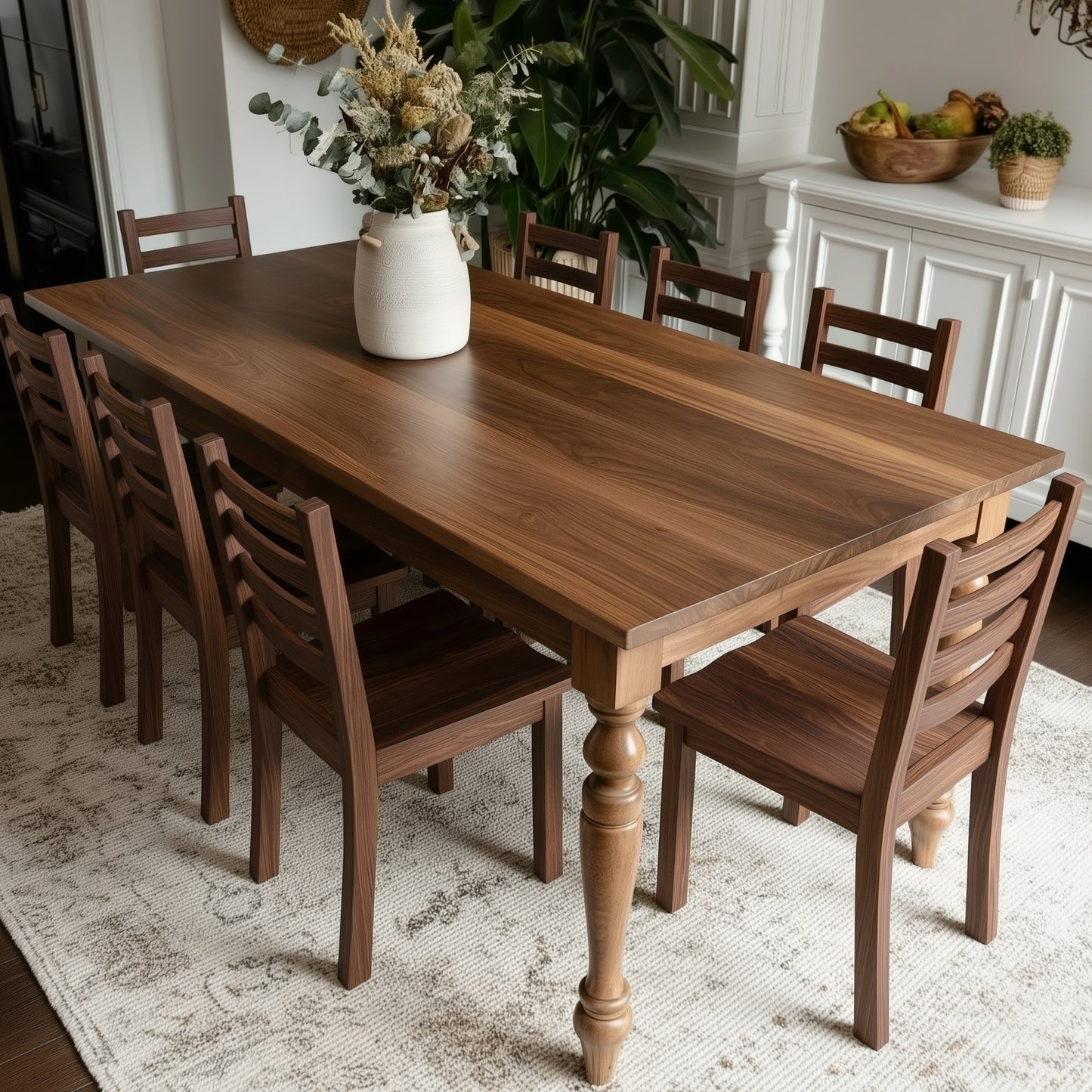 Wooden dining table with chairs in a room with plants and decor.