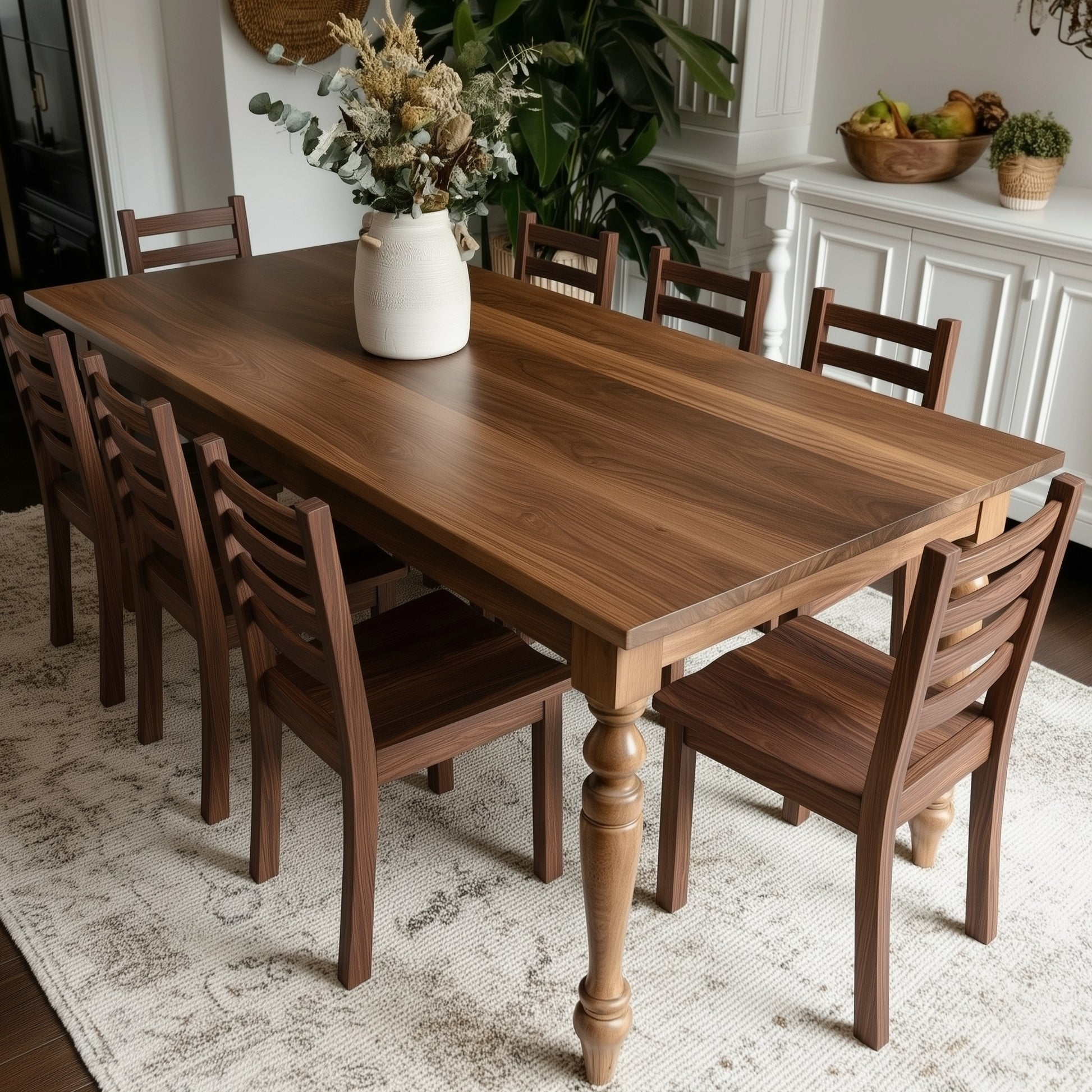 Wooden dining table with chairs in a room with plants and decor.