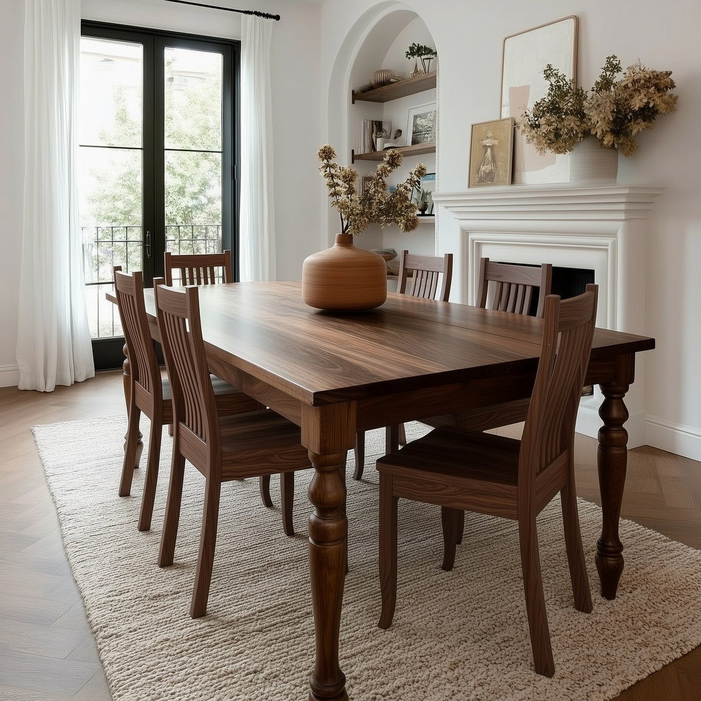 Dining room with wooden table and chairs in a well-lit room.