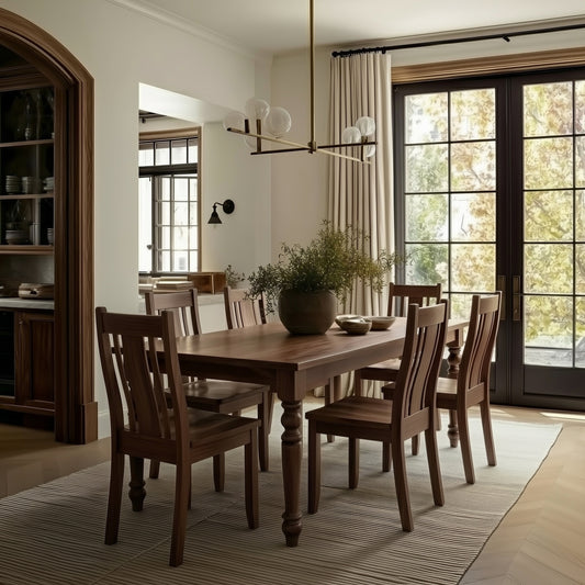Dining room with wooden table and chairs near large windows