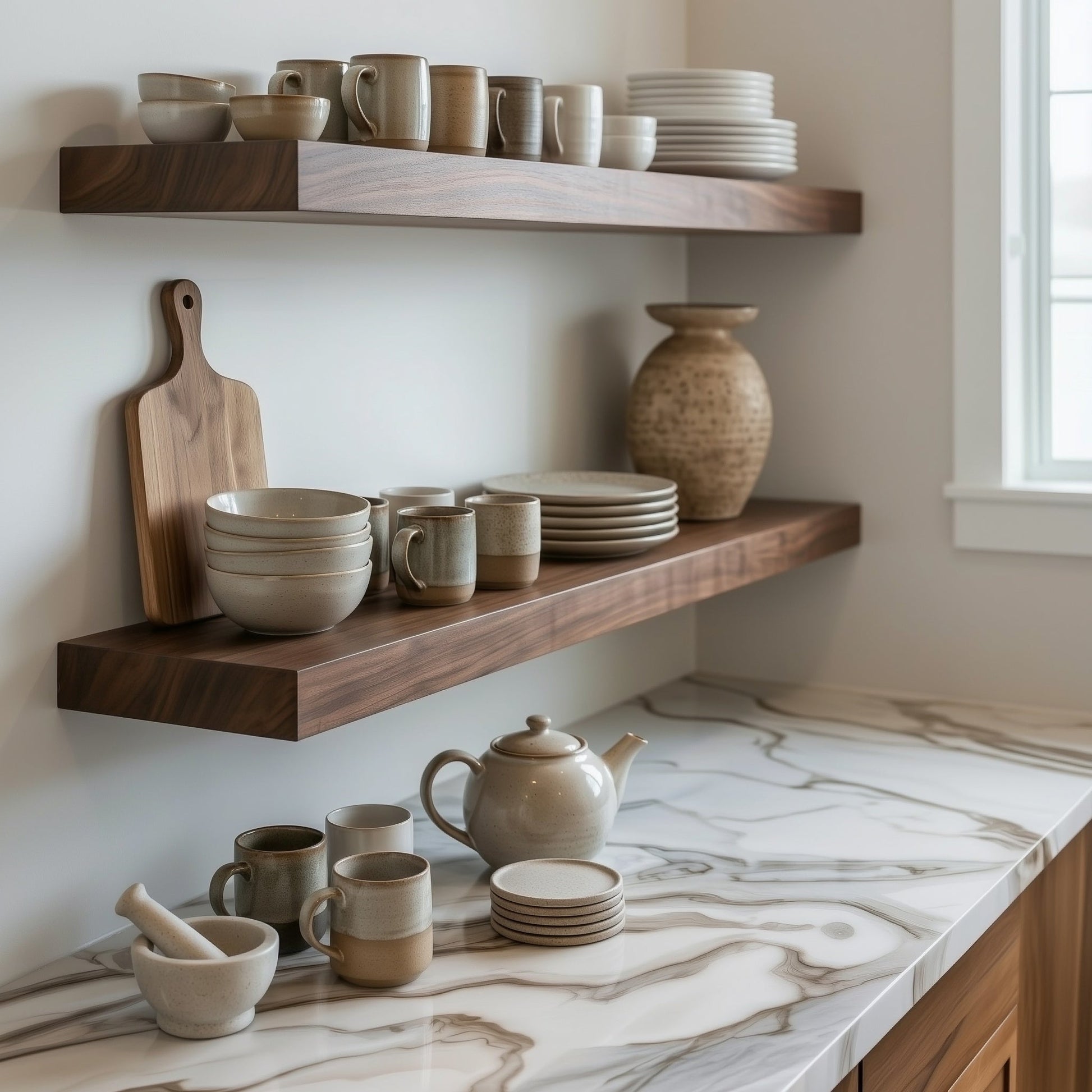 Kitchen shelves with ceramic dishes and wooden cutting board against a neutral wall.