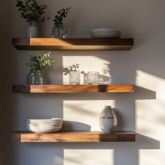 A set of walnut floating shelves mounted on a wall, holding various decorative items like vases and books, with dappled sunlight casting over the scene.