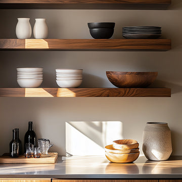 A set of walnut floating shelves mounted on a wall, holding various decorative items like vases and books, with dappled sunlight casting over the scene.
