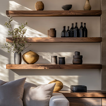 A set of walnut floating shelves mounted on a wall, holding various decorative items like vases and books, with dappled sunlight casting over the scene.