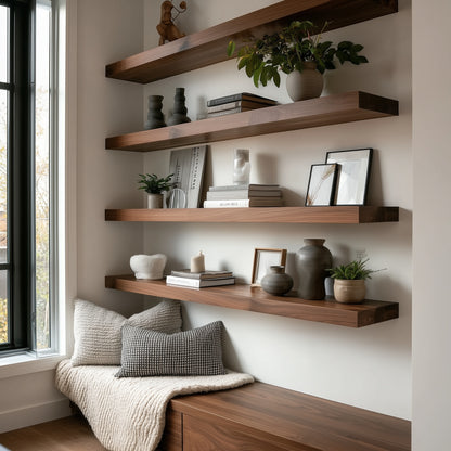 Wooden shelves with decorative items in a room with a window.