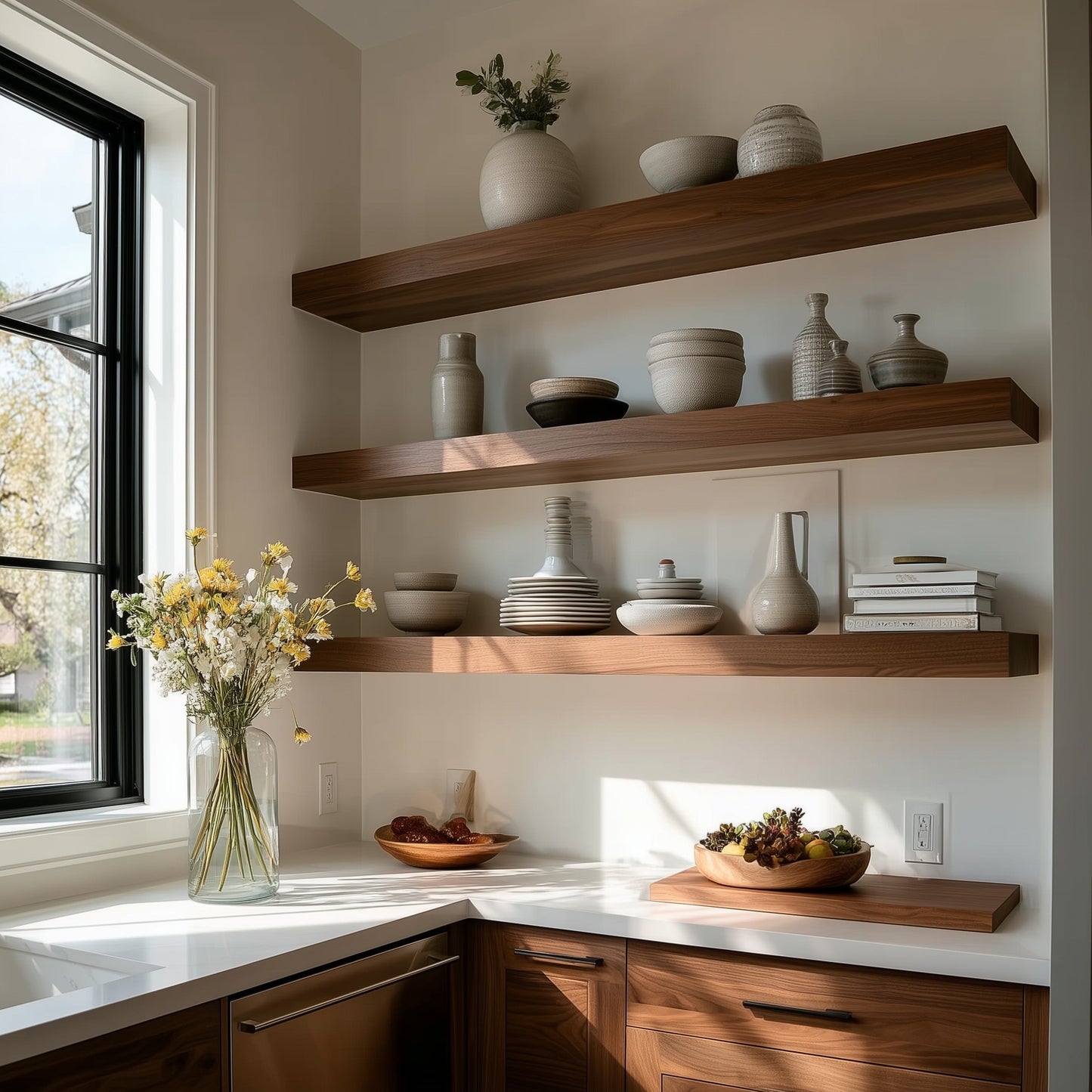 Wooden shelves with decorative items in a kitchen setting