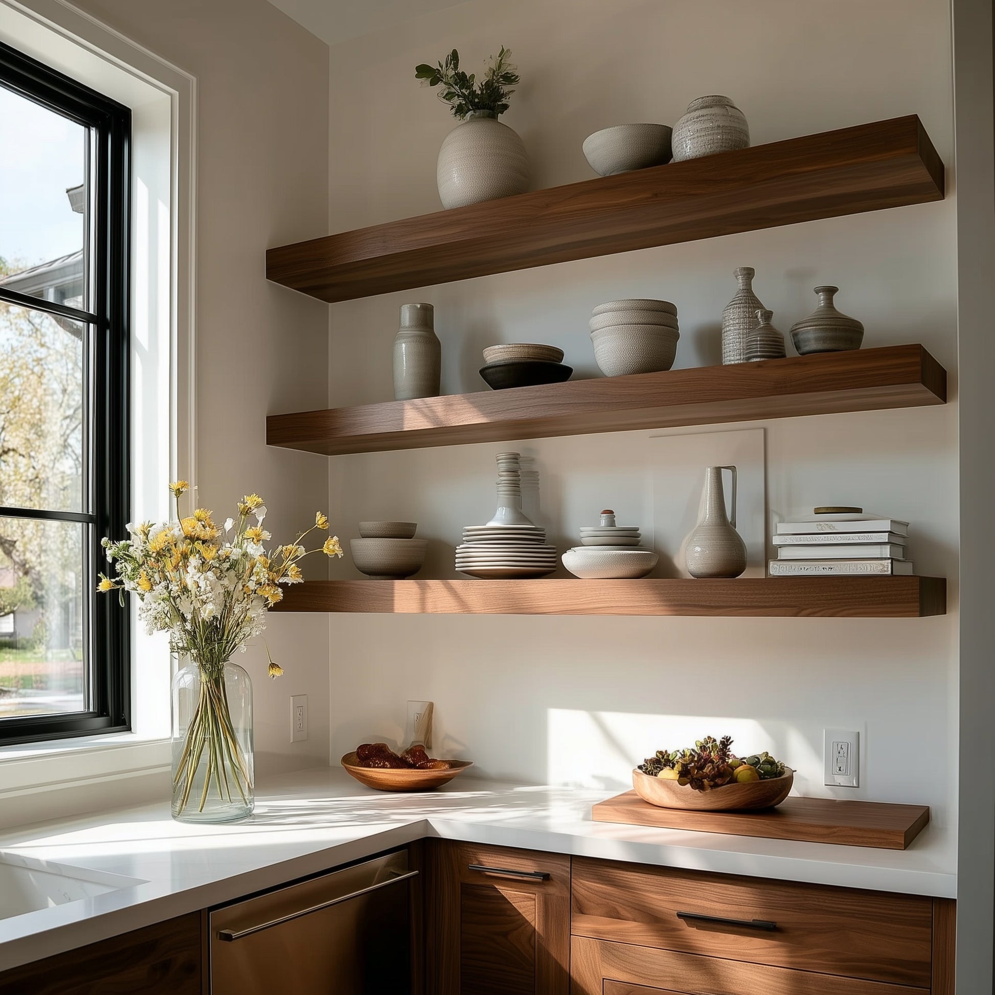 Wooden shelves with decorative items in a kitchen setting