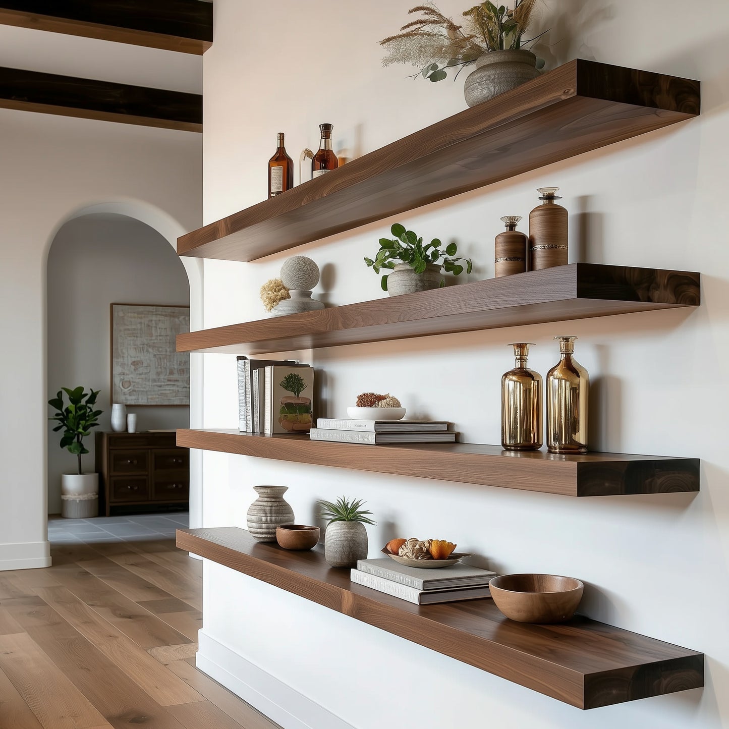 Wooden shelves with decorative items in a modern interior setting