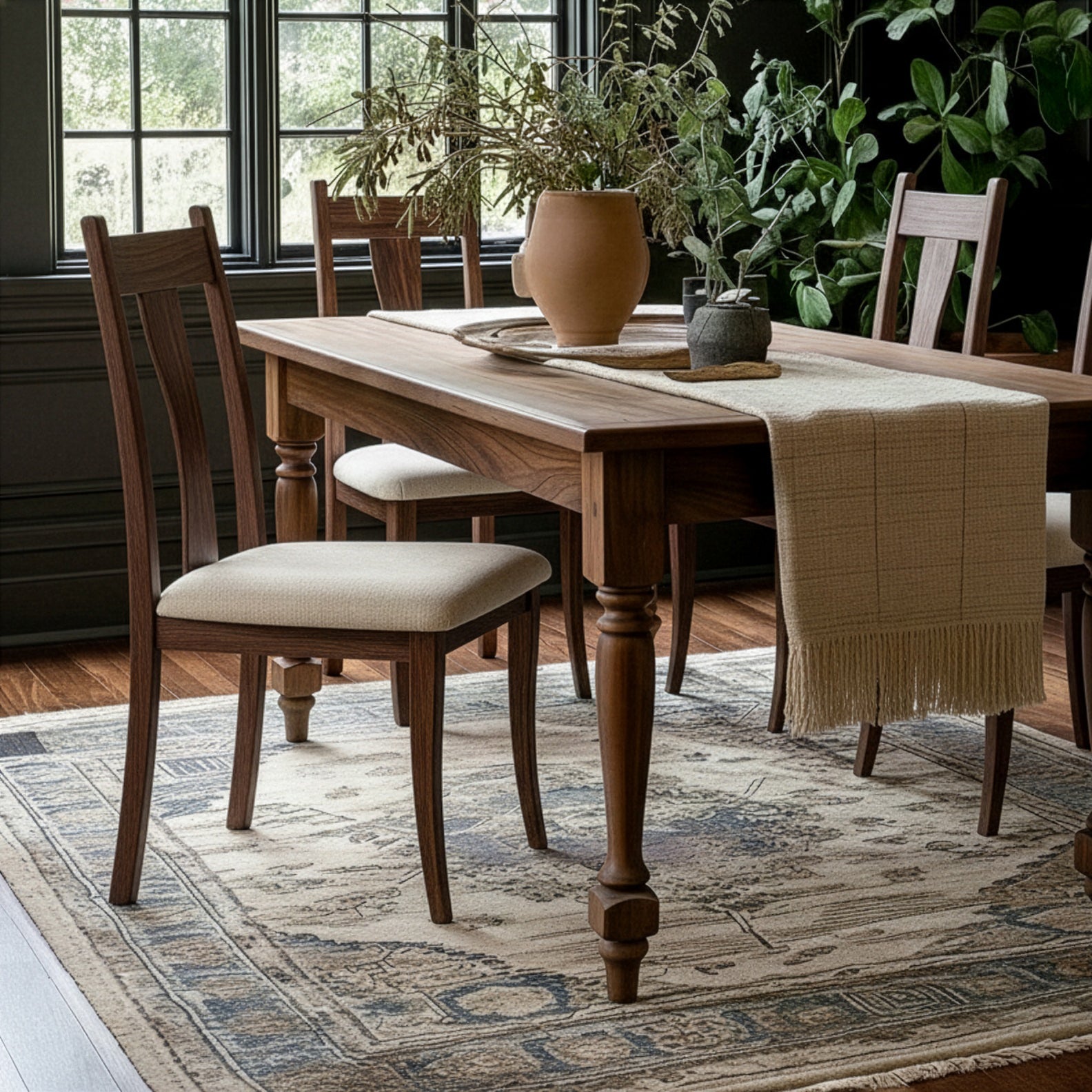 Dining room with wooden table and chairs on a patterned rug
