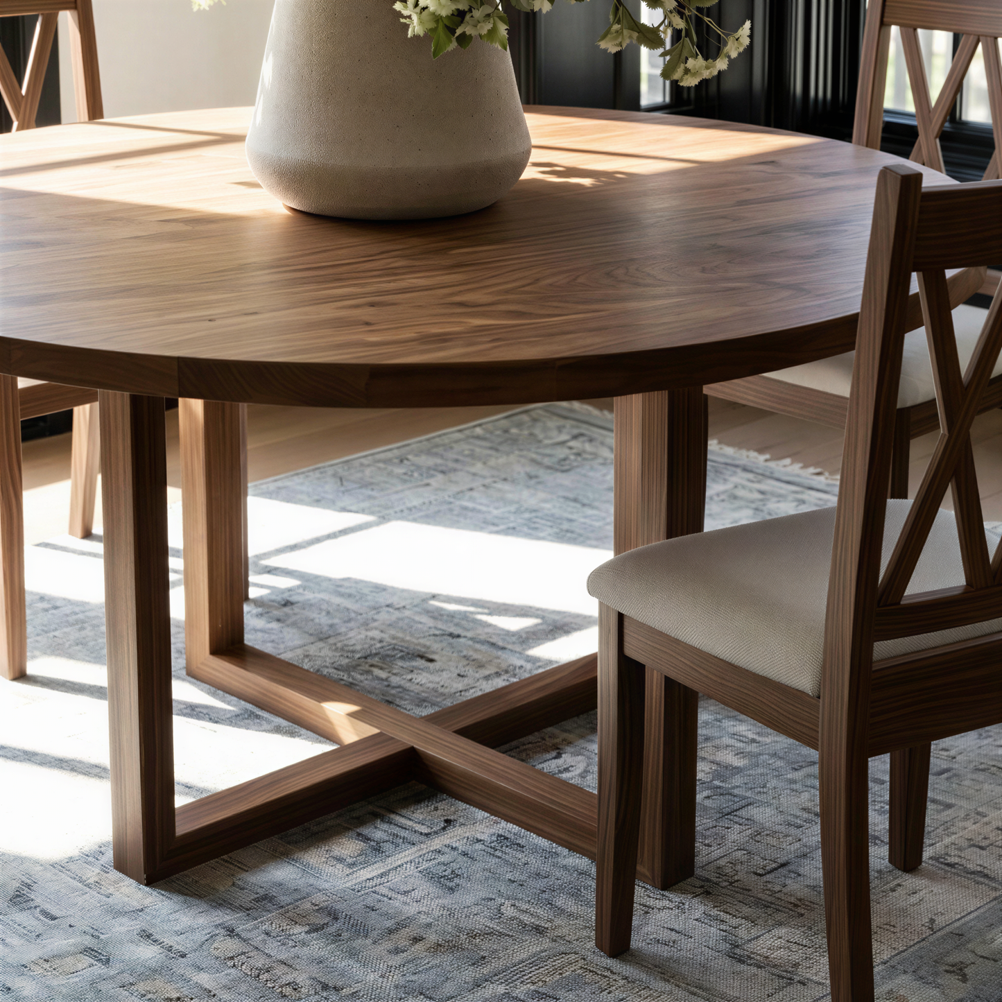 Dining room with wooden table and chairs, modern light fixture, and large plant on the table