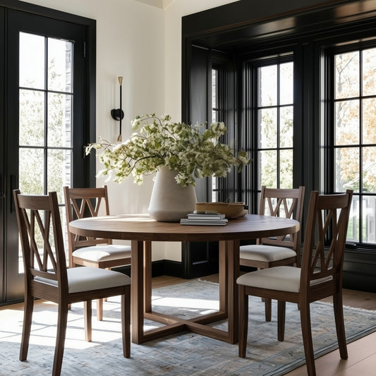 Dining room with wooden table and chairs, modern light fixture, and large plant on the table