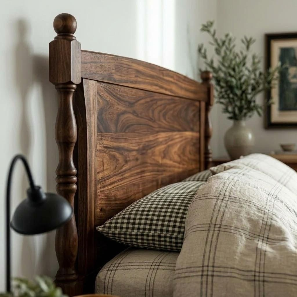 Wooden headboard with plaid pillow and blanket in a bedroom setting