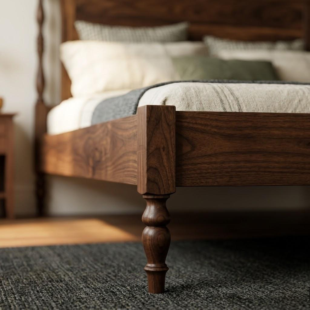 Wooden bed frame with detailed design on a carpeted floor