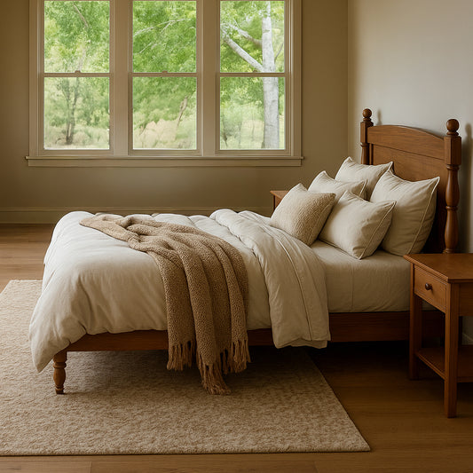 Bedroom with wooden bed, beige bedding, and a window showing greenery.