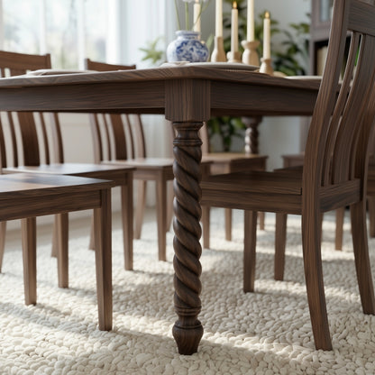 Wooden dining table with twisted leg design in a room with chairs and decor.
