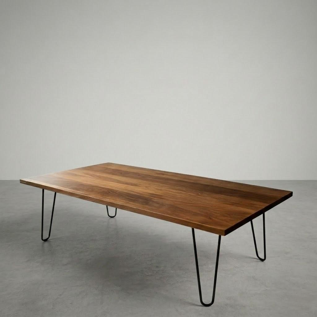 Wooden table with black hairpin legs on a gray background