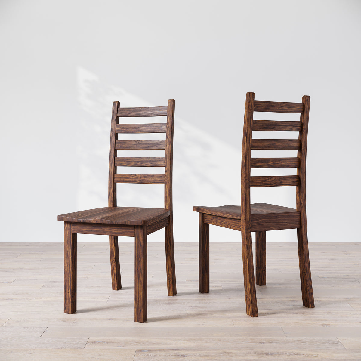 Two walnut wood Heisly dining chairs with a commercial grade finish, displayed against a white background.