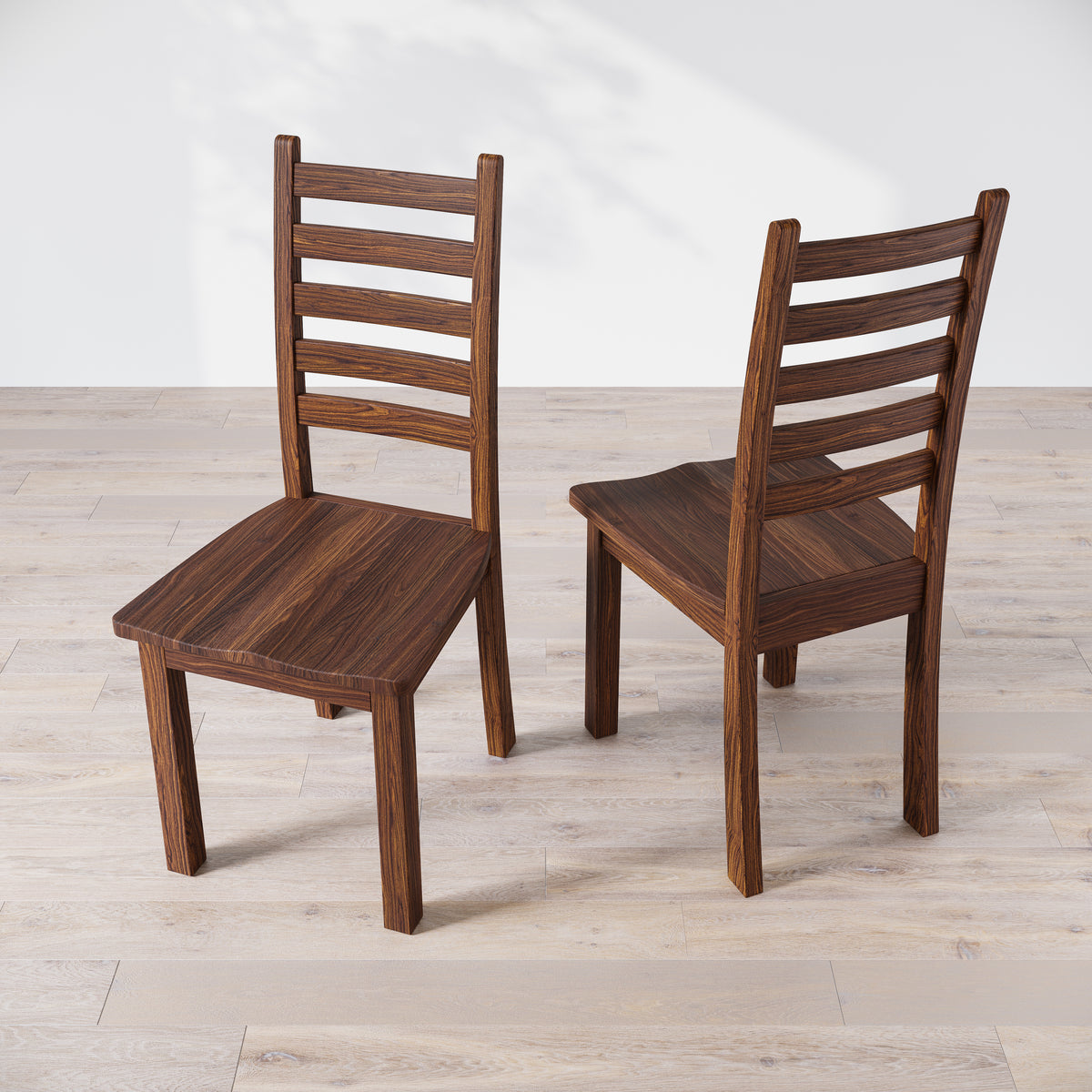 Top down view of two walnut wood Heisly dining chairs with a commercial grade finish, displayed against a white background.