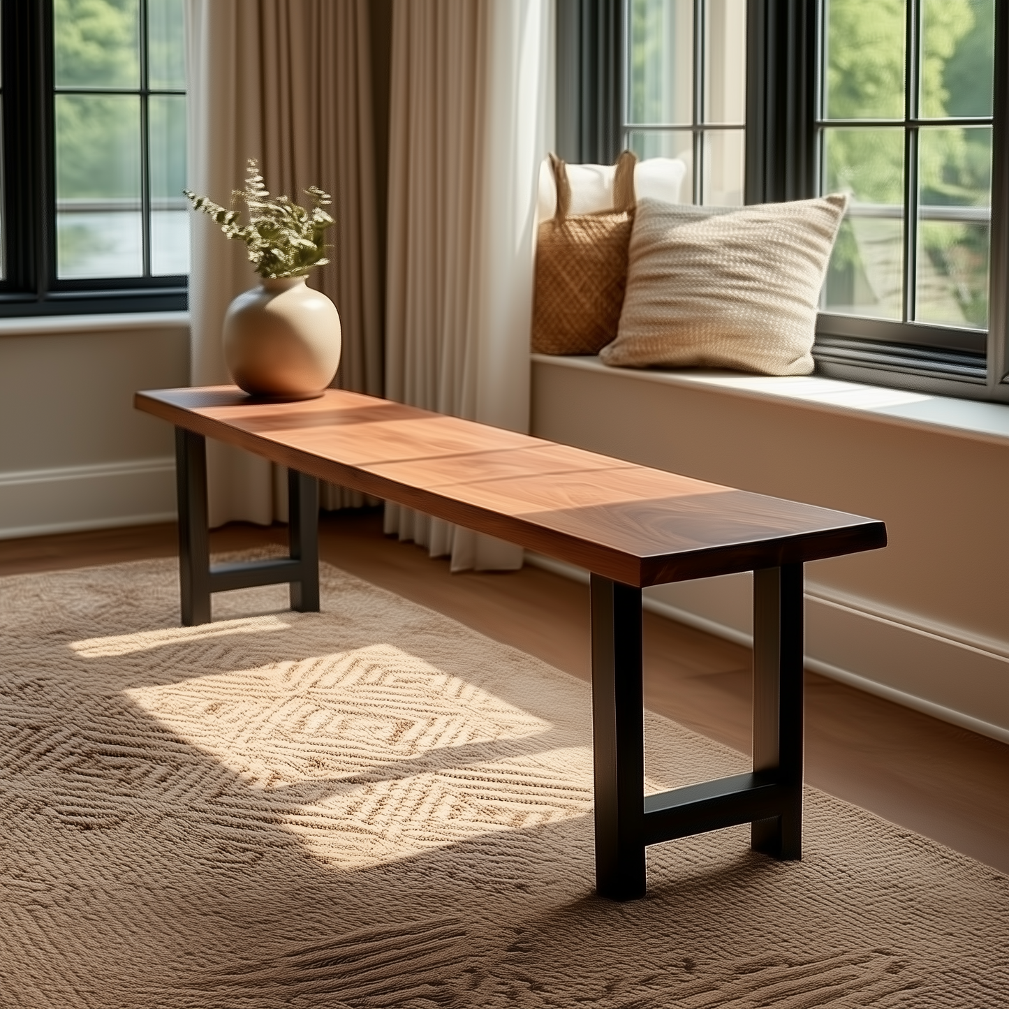 Wooden bench in a room with a window seat and decorative pillows.