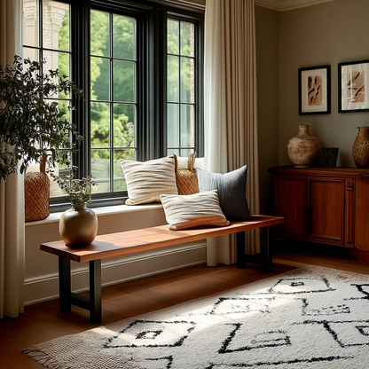 Cozy living room with a wooden bench, cushions, and decorative items.