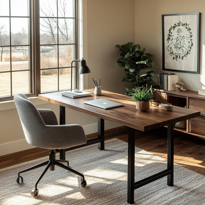 A modern desk with a wood top and metal base, placed in an office setting with a chair, plants, and decorative items.