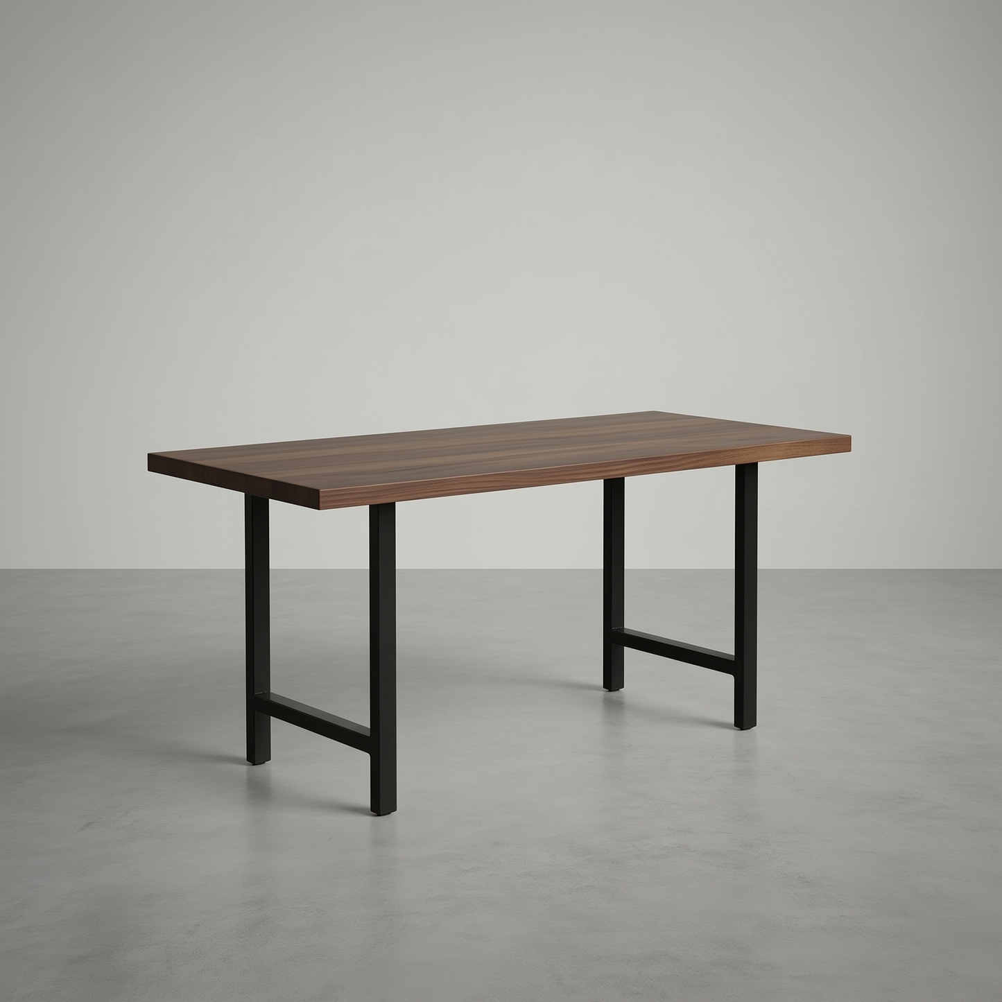Wooden table with black metal legs on a gray background