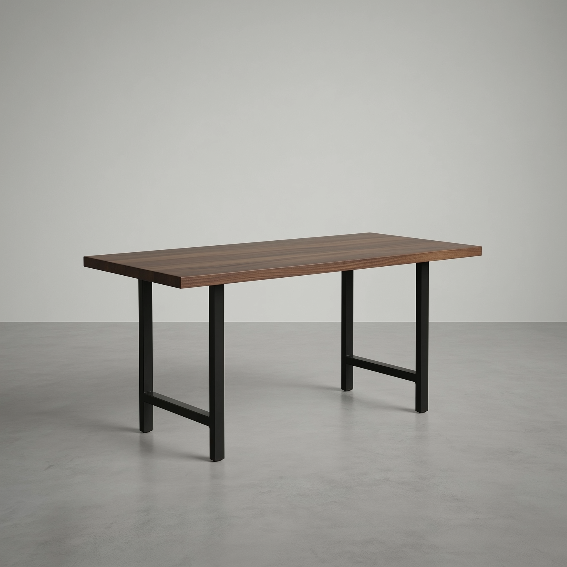 Wooden table with black metal legs on a gray background